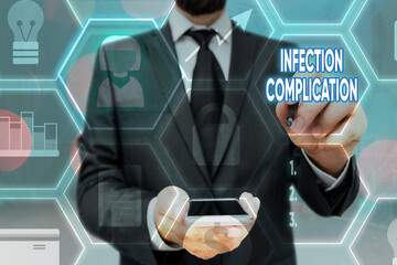 Writing note showing Infection Complication. Business concept for unwanted reaction resulted from...