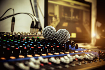 Close-up microphone and audio mixer in studio for recording editor equipment and instrument sound...