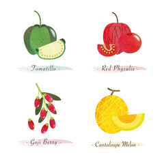 Organic nature healthy food fruit tomatillo red physalis goji berry cantaloupe melon