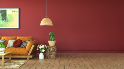 Terracotta color paint living room, 3d rendering 