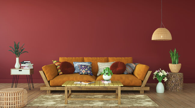 Modern living room with terracotta colors, 3d rendering 