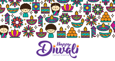 Diwali or Deepavali Hindu festival banner illustration with colourful flat modern elements.