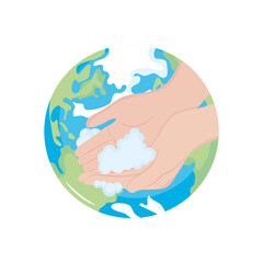 earth planet and hands washing with soapy foam, flat style