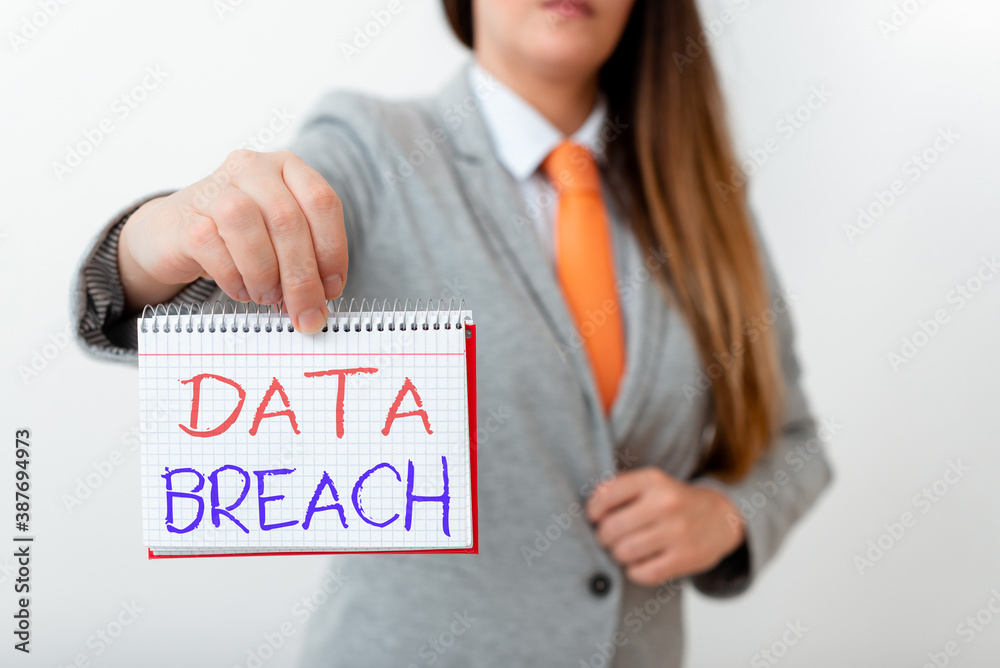Aufkleber handwriting text writing data breach. conceptual photo security incident where sensitive protected i