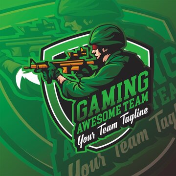 Maskot esport military gaming logo badge on green background