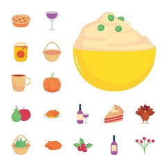 mashed potatoes bowl and thanksgiving icon set, flat style