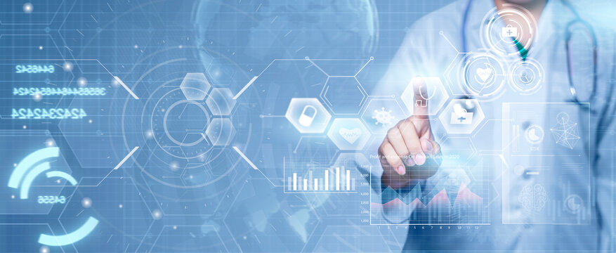 Doctor futuristic modern technology concept diagnosing analyzing patient’s health medical healthcare diagnosis, close up medical professional working in hospital, banner graphical icon grey background