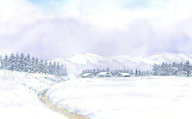 Fototapeta premium 田舎の雪景色 水彩画