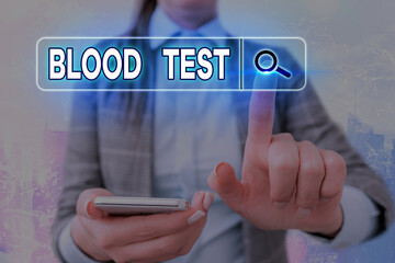 Writing note showing Blood Test. Business concept for Extracted blood sample from an organism to...