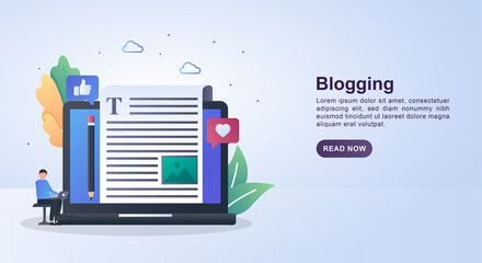 Illustration concept of blogging with a person sitting and holding a laptop.
