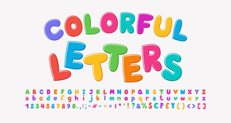 Multicolored cartoon alphabet, bubble shape font rainbow bright colors. Uppercase and lowercase letters, numbers, punctuation marks. Vector illustration