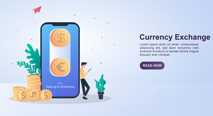 Illustration concept of currency exchange by sliding the screen to change money.