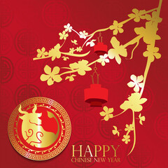 Gold red Chinese card with ex,flower and lantern.Happy new year 2021