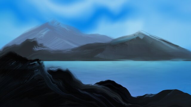 Landscape painting, Sea with mountains.