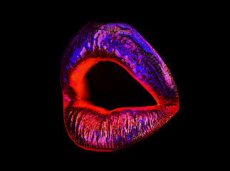Sexy lip. Neon art lipstick, Isolated on white. Luxury glamour mouth.