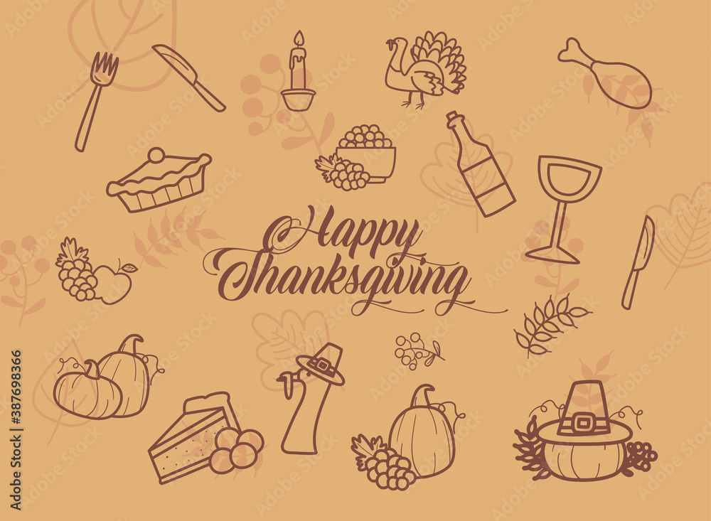 Wall mural happy thanksgiving day line style icon set background design