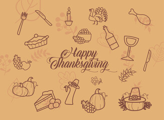 happy thanksgiving day line style icon set background design