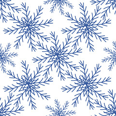 Seamless New Year and Christmas pattern. Blue snowflakes on a white background.