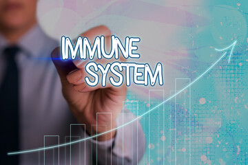 Conceptual hand writing showing Immune System. Concept meaning Complex network work together to defend against germs Arrow symbol going upward showing significant achievement