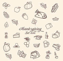 happy thanksgiving day line style symbol set background design