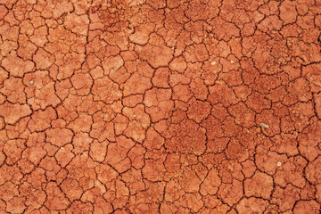 Nature background of cracked dry lands. Natural texture of soil with cracks. Broken clay surface of barren dryland wasteland close-up. Full frame to terrain with arid climate. Lifeless desert on earth