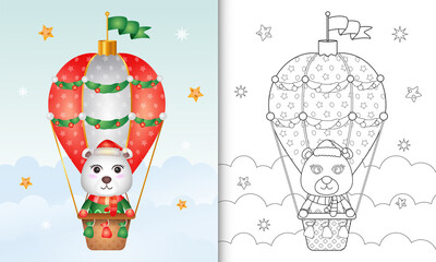 coloring book with a cute polar bear christmas characters on hot air balloon with a santa hat, jacket and scarf
