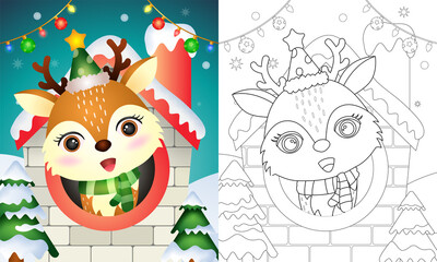 coloring book with a cute deer christmas characters using hat and scarf inside the house
