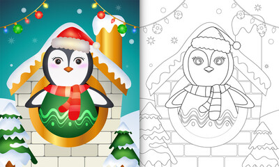 coloring book with a cute penguin christmas characters using santa hat and scarf inside the house