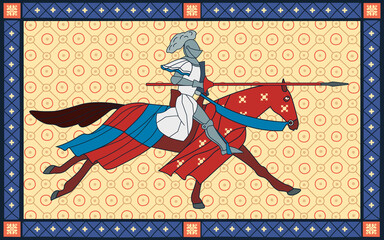 A knight rides a horse at a tournament. Medieval illustration. Vector graphics