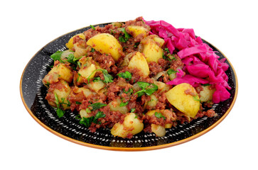 Corned beef hash meal with pickled red cabbage isolated on a white background
