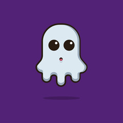 Illustration vector graphic of a cute ghost with confused face. Purple background. Suitable for Halloween costume designs and Halloween themed book covers.