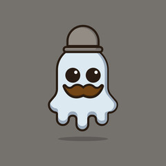 Illustration vector graphic of a cute ghost dressed in an detective with a mustache. Gray background. Good for Halloween costume designs and Halloween themed book covers.