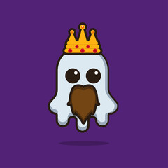 Illustration vector graphic of a cute ghost wearing a crown and mustache. Purple background. Perfect for Halloween costume designs and Halloween themed book covers.