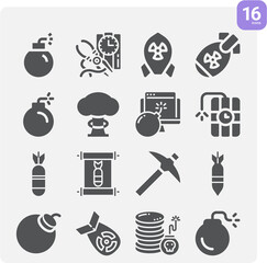 Simple set of explosive device related filled icons.