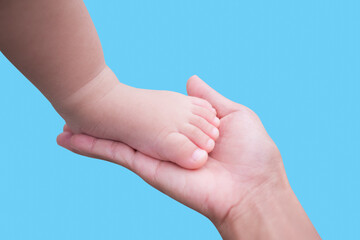 Baby feet on mom palm isolated on blue background for accompanying articles on raising children the best and represents love and concern. happy family concept.
