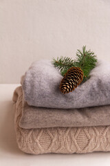 Woolen sweaters with spruce branch on white background