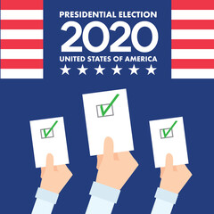 2020 United States of America Presidential Election with hand holding voting paper Vector Illustration