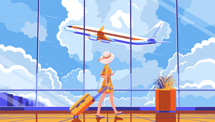The girl's gonna land on the plane. Flying plane at the airport. Boarding a flight. Rest in warm countries. Beautiful girl in a dress walking with luggage. EPS 10 Vector Illustration © yul1_illustrator