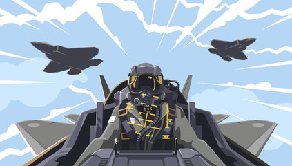 View from the aircraft cockpit on the pilot. Aircraft-fighter cockpit overview. Aerobatic team in the air. A new generation military fighter. Pilot of the future. Vector illustration, EPS 10