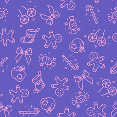 Cute purple seamless Christmas pattern from new year icons. Traditional new year symbols to decorate wrapping paper or create backgrounds and postcards.