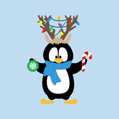 Penguin in christmas deer costume vector illustration
