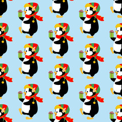 Penguin in christmas party costume seamless pattern