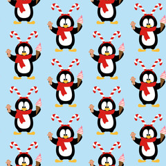 Penguin in christmas party costume seamless pattern