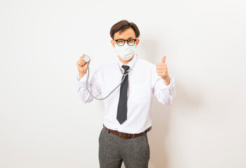 Asian doctor diagnose with stethoscope on white background.