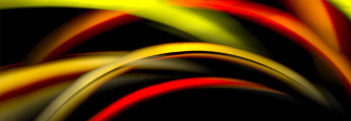 Dynamic motion abstract background. Color blurred stripes on black. Wave liquid lines poster. Vector illustration