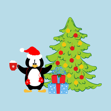 Penguin in christmas party costume vector illustration