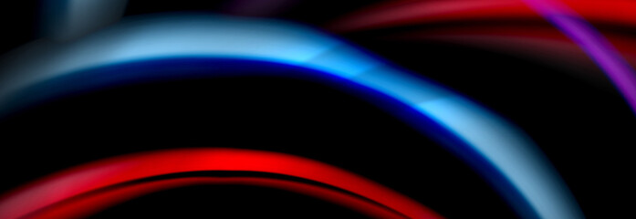 Dynamic motion abstract background. Color blurred stripes on black. Wave liquid lines poster. Vector illustration