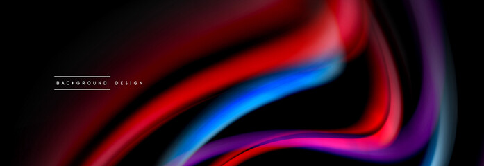 Dynamic motion abstract background. Color blurred stripes on black. Wave liquid lines poster. Vector illustration