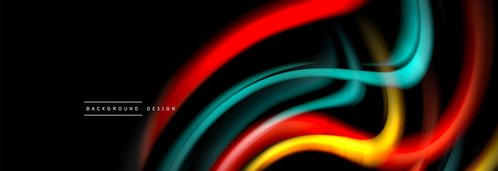 Dynamic motion abstract background. Color blurred stripes on black. Wave liquid lines poster. Vector illustration