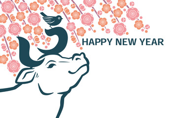 年賀状　2021　丑年　鳥と「うし」の文字が角になった牛と梅の背景	 - obrazy, fototapety, plakaty